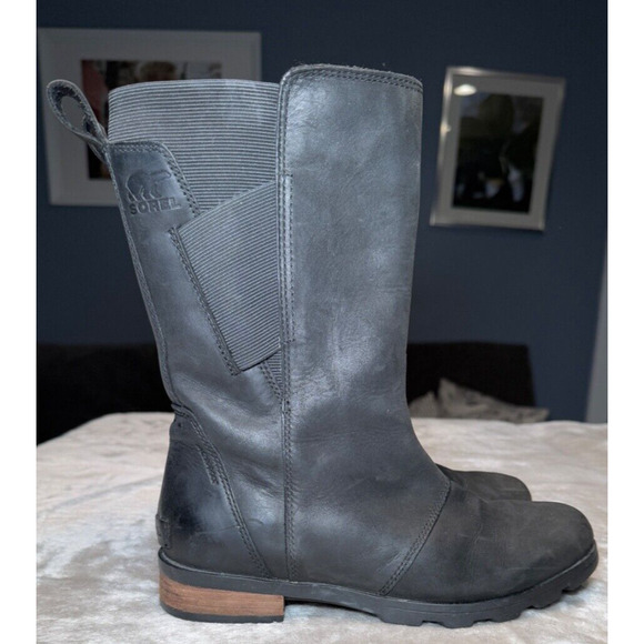 Sorel Emelie Black Leather Mid Calf Waterproof Boots NL2679-010 Womens Size 7 - Picture 1 of 9